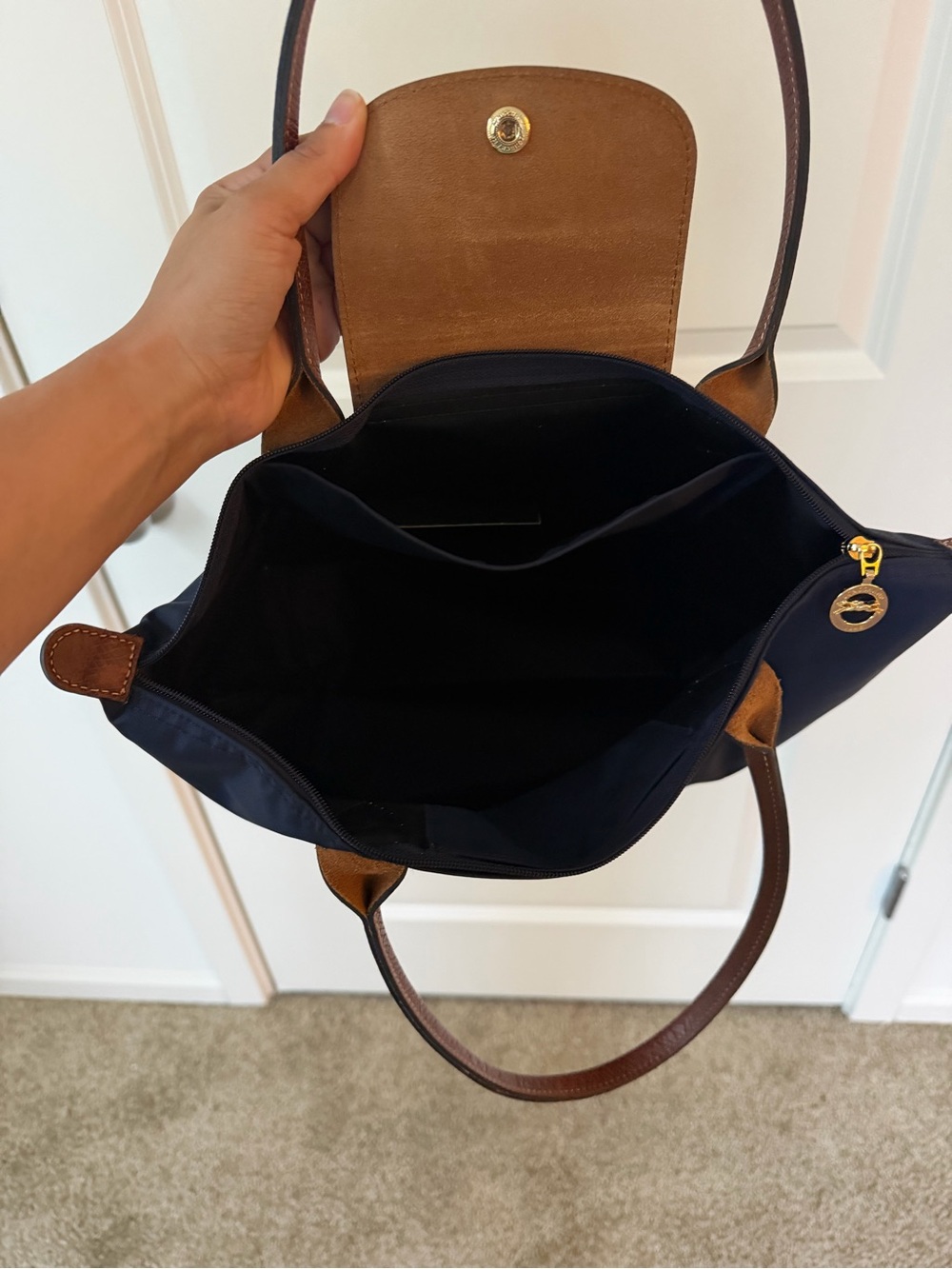 Longchamp Navy Tote with Brown Leather Trim - Picture 3 of 8